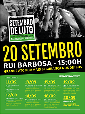 Setembro de luto - 20 de setembro, Rui Barbosa - 15:00h - Grande ato por mais segurança nos ônibus